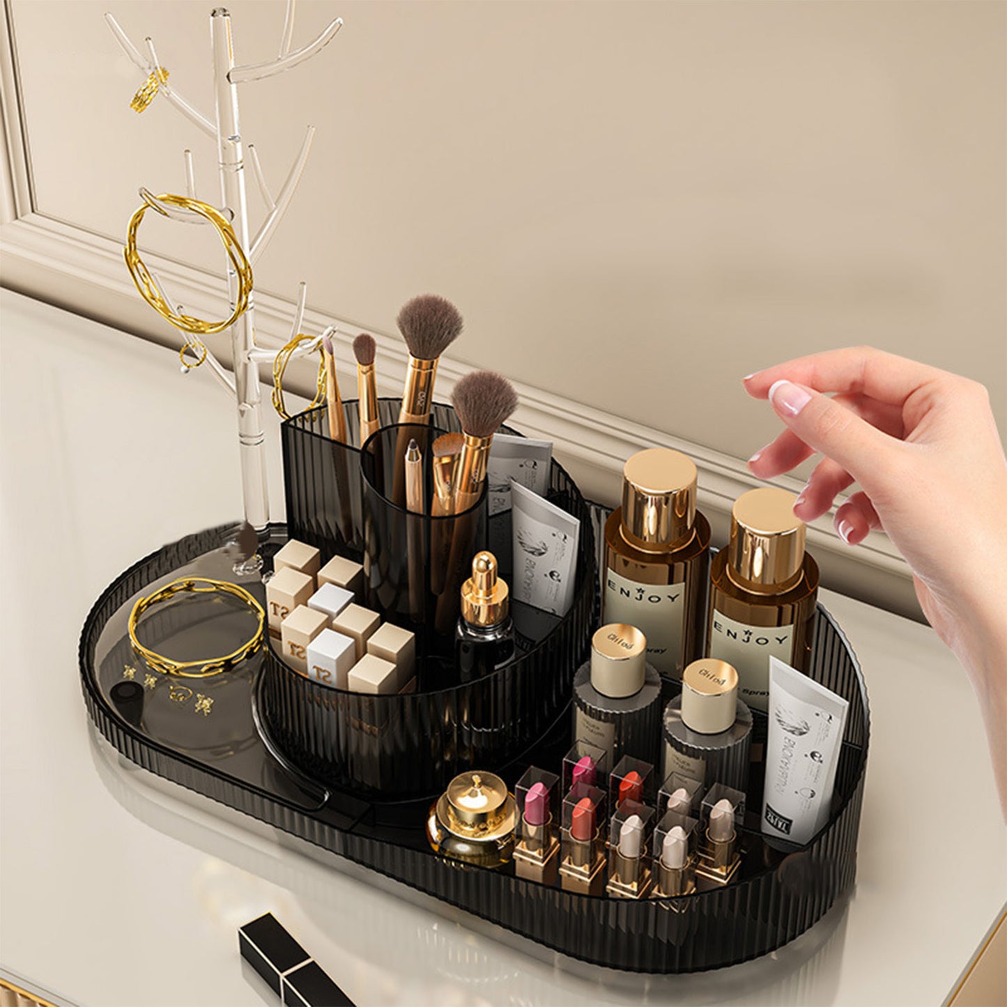 Rotating Makeup Organizer With Jewelry Storage  Large Capacity