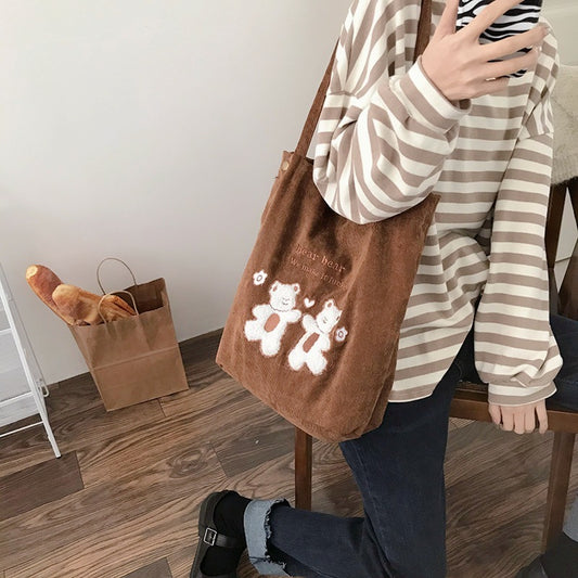 Women Corduroy Shoulder Bag Lucky Bears