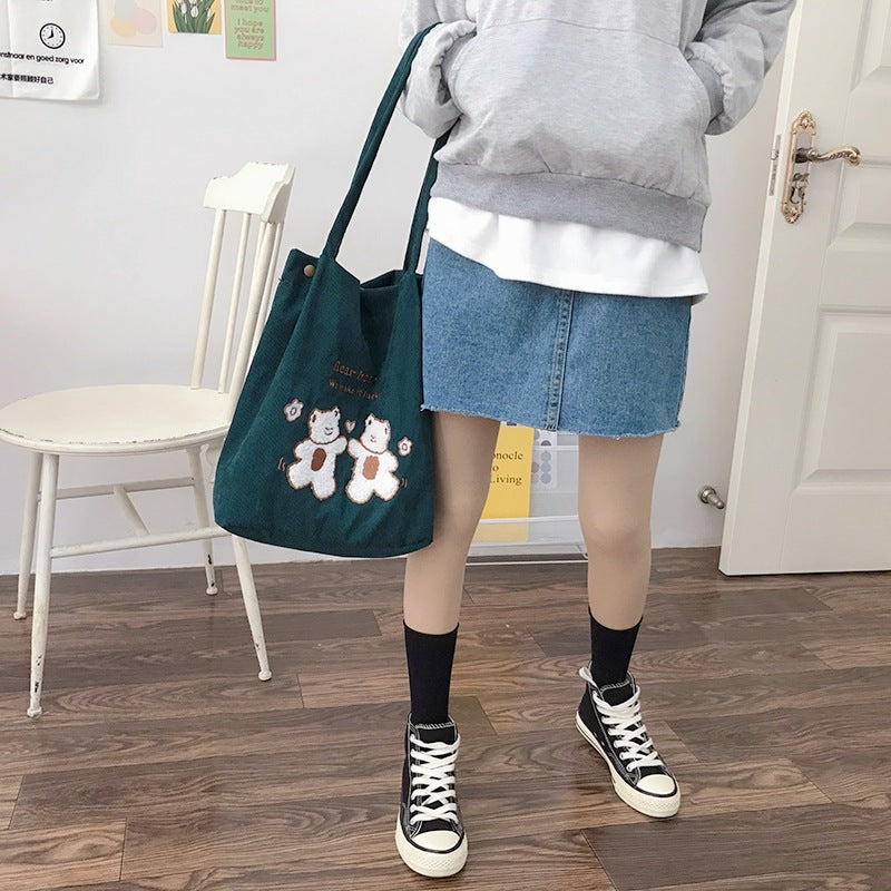 Women Corduroy Shoulder Bag Lucky Bears