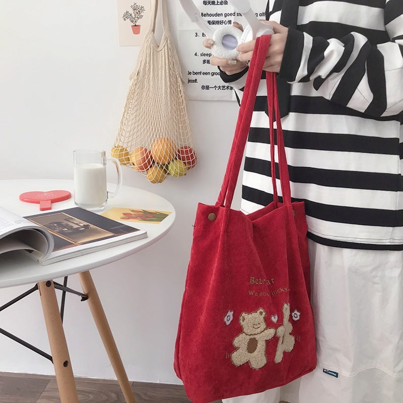 Women Corduroy Shoulder Bag Lucky Bears