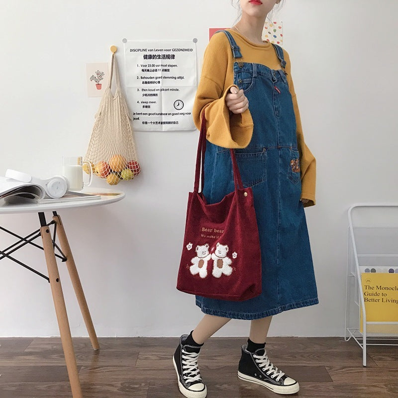 Women Corduroy Shoulder Bag Lucky Bears