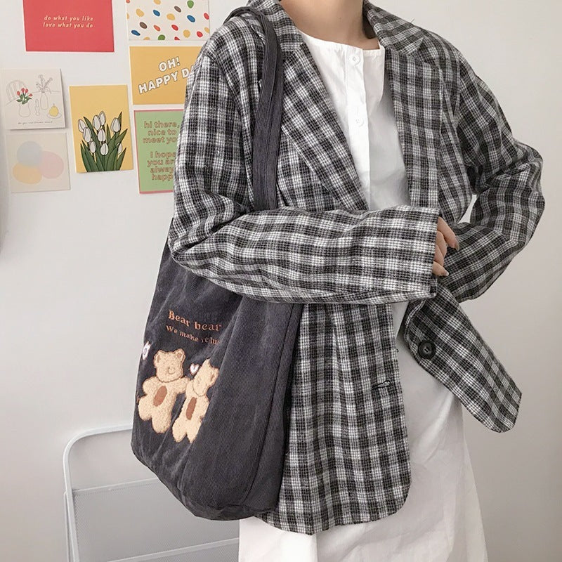 Women Corduroy Shoulder Bag Lucky Bears