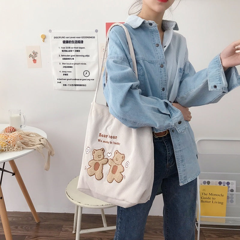 Women Corduroy Shoulder Bag Lucky Bears