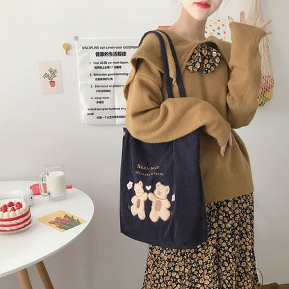 Women Corduroy Shoulder Bag Lucky Bears